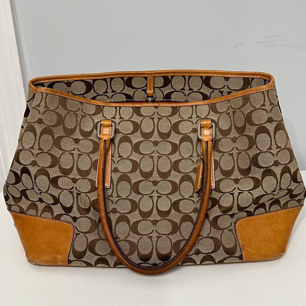 Authentic Coach Signature Tote Bag Tan Leather Monogram Tan Leather Handles